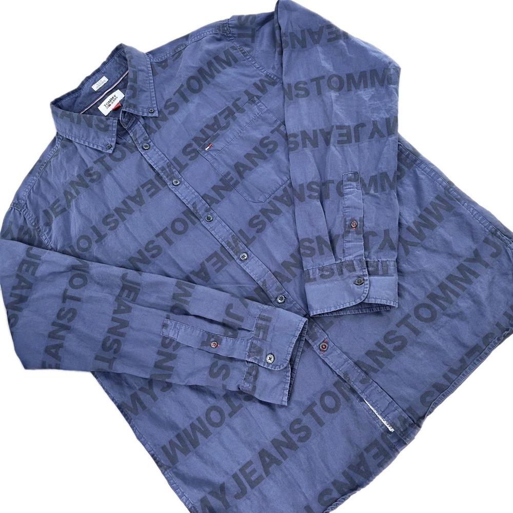 Tommy Jeans Shirt Mens Blue All Over Spell Out Long Sleeve 100% Cotton‎ XL